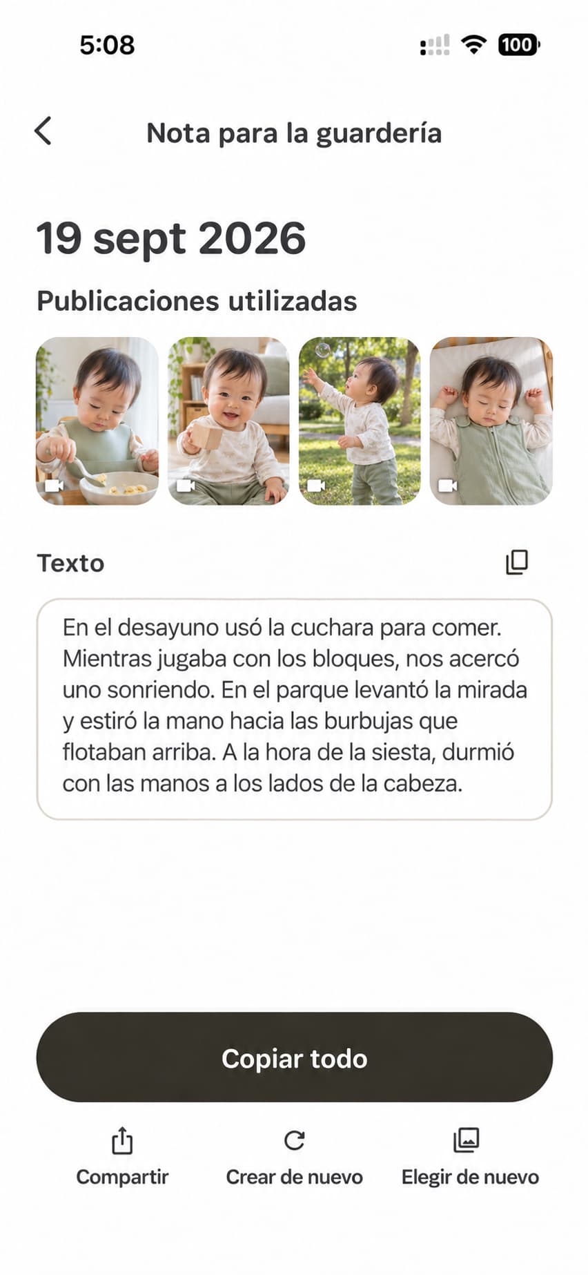 Pantalla de la nota para la guardería con fotos del mismo bebé desayunando, ofreciendo un bloque, jugando con burbujas y durmiendo la siesta, junto con un texto sobre esos momentos.