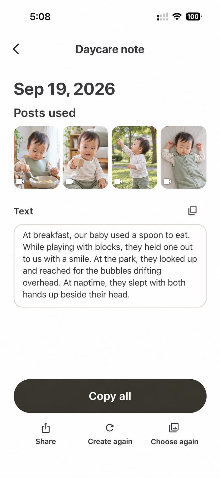 Daycare note app screen with the same baby at breakfast, holding out a block, reaching for bubbles and napping, plus a draft describing the moments.