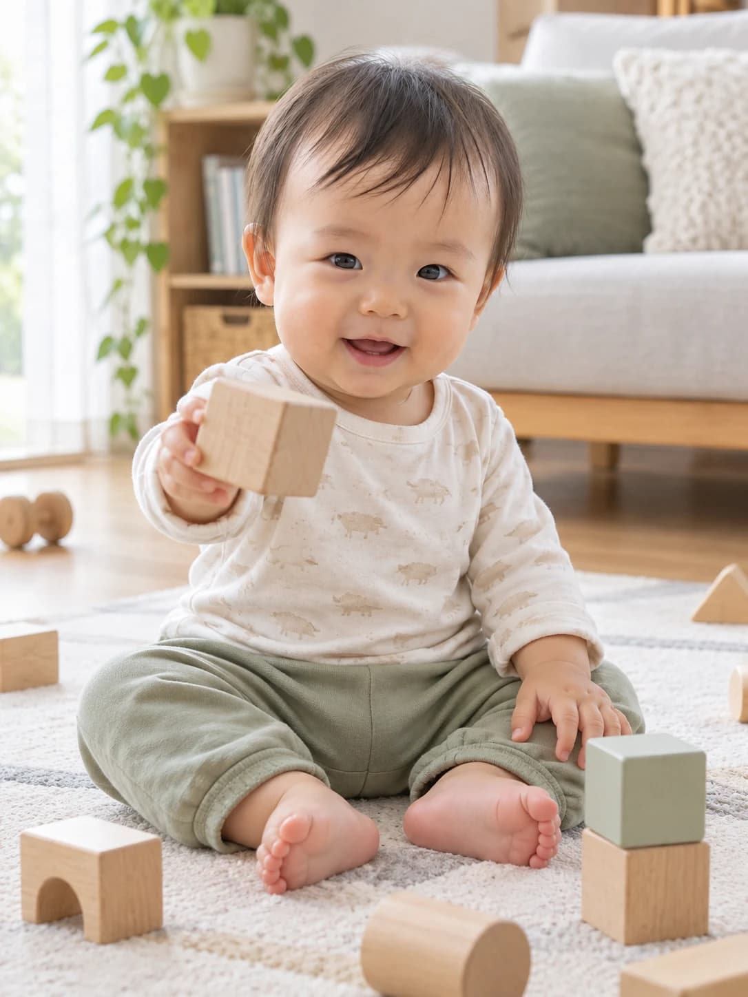 同じ赤ちゃんが正面を向き、積み木を差し出して笑う様子