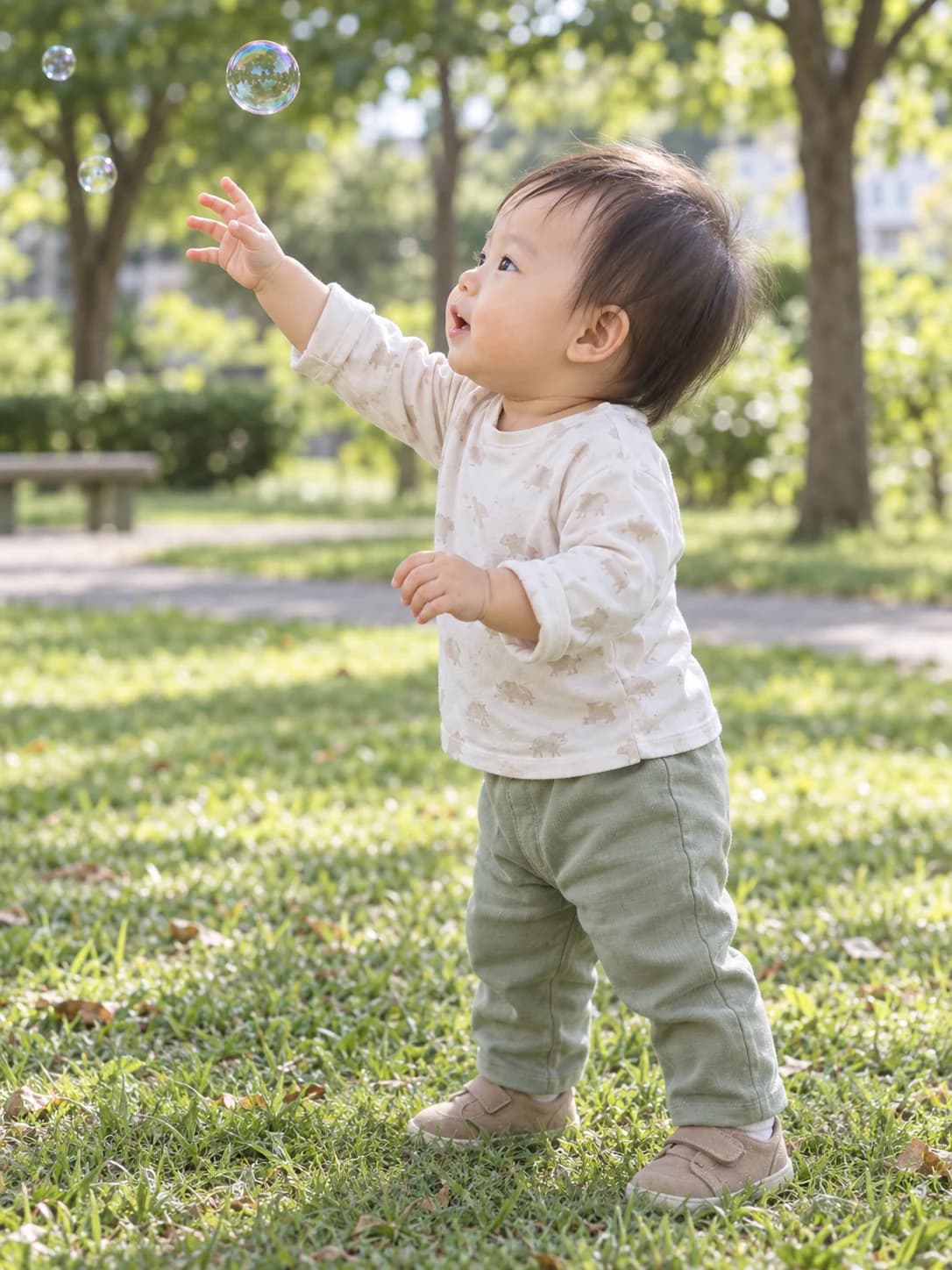 同じ赤ちゃんが横を向き、公園のシャボン玉を見上げて手を伸ばす様子