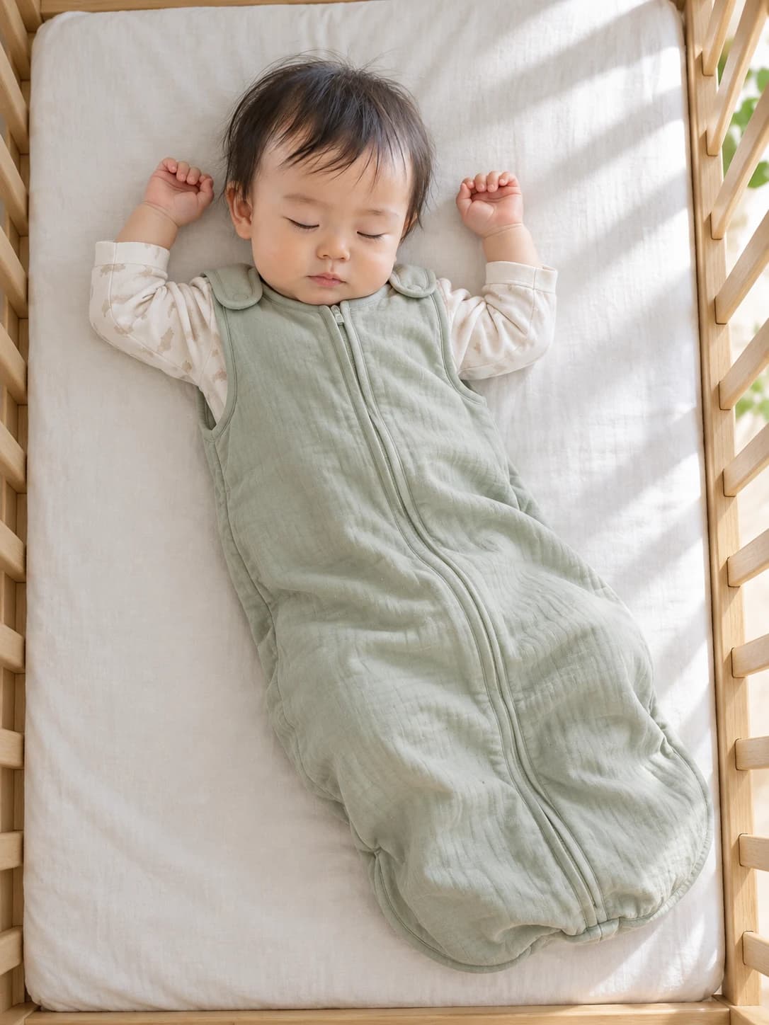 真上から見た、同じ赤ちゃんが両手を頭のそばに上げて眠る様子