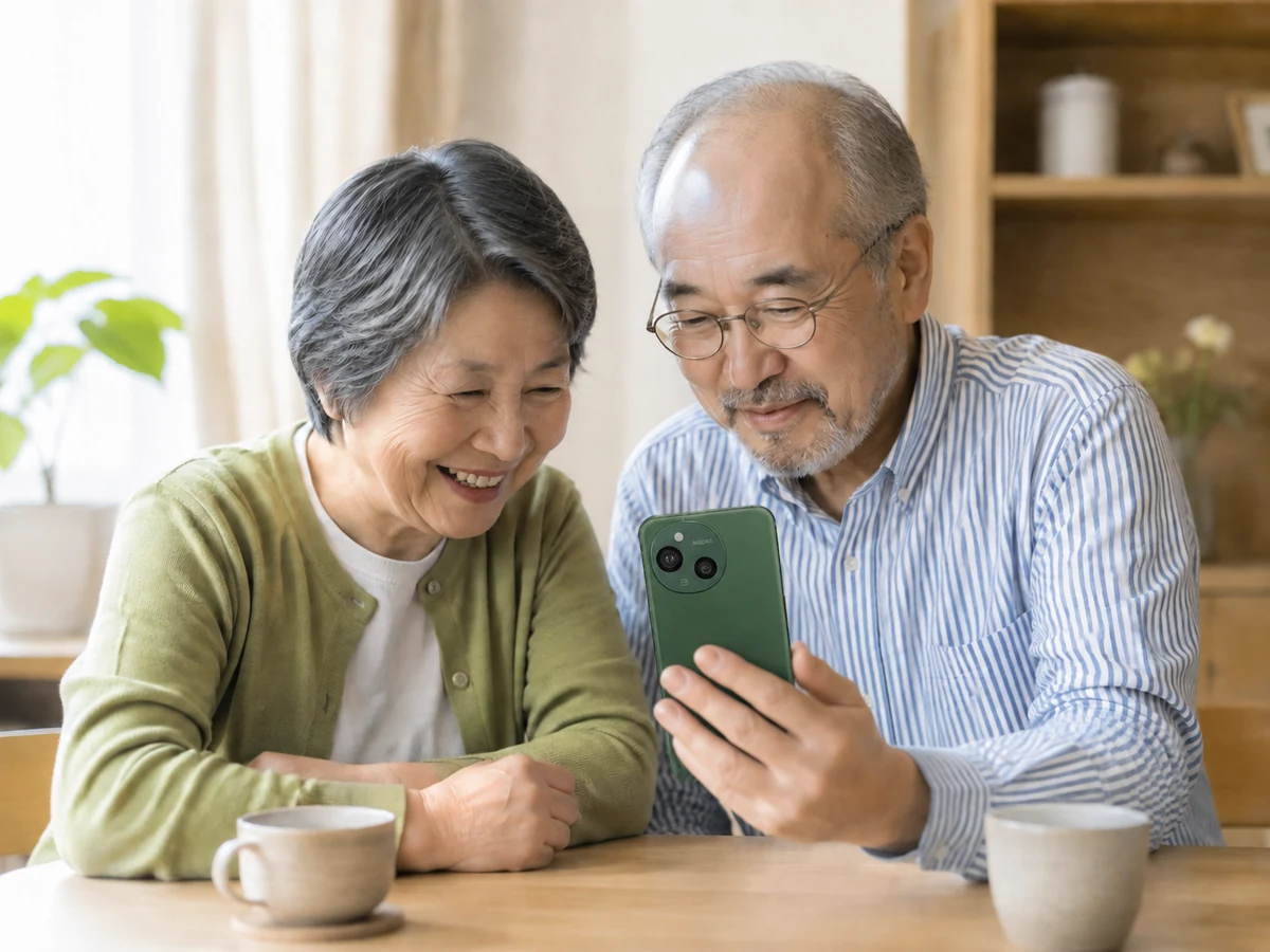 スマートフォンで届いた動画を一緒に見て微笑む老夫婦