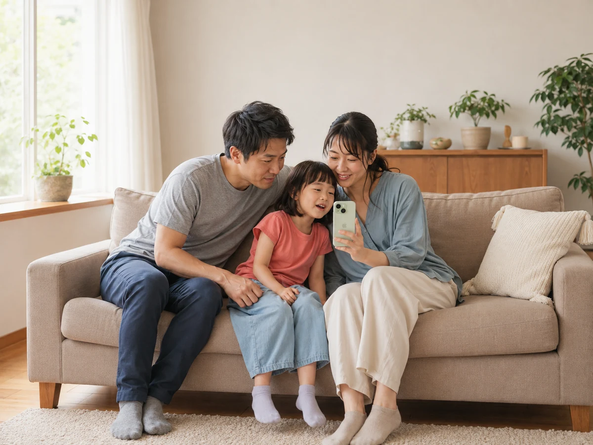 ソファで父親と母親に寄り添い、縦持ちのiPhoneで動画を見返す娘