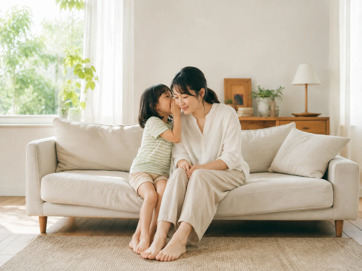 母親の耳に内緒話をする子どもと、笑いをこらえて聞く母親