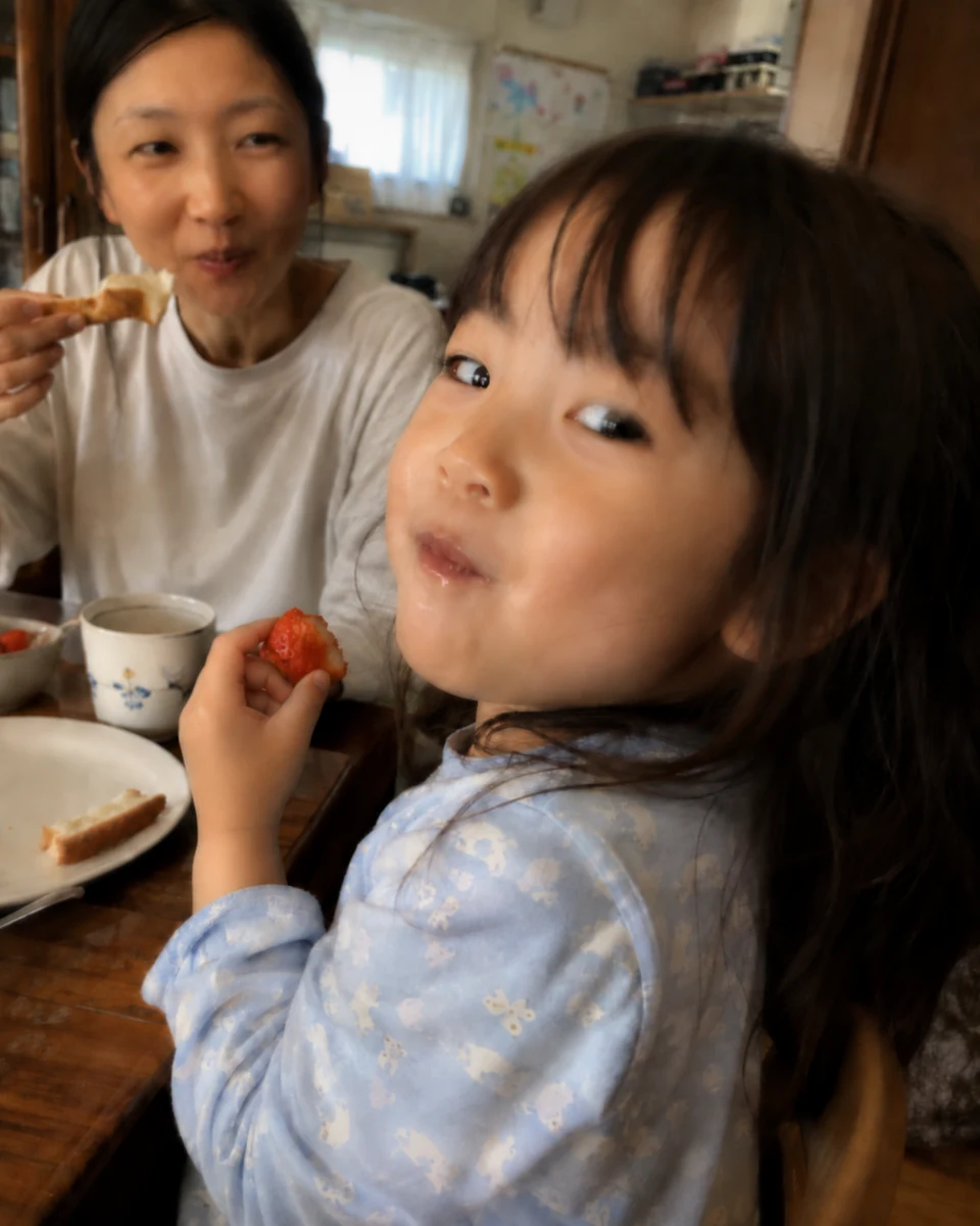 朝食中の母親と、食べかけのいちごを持って父親を見上げる子ども