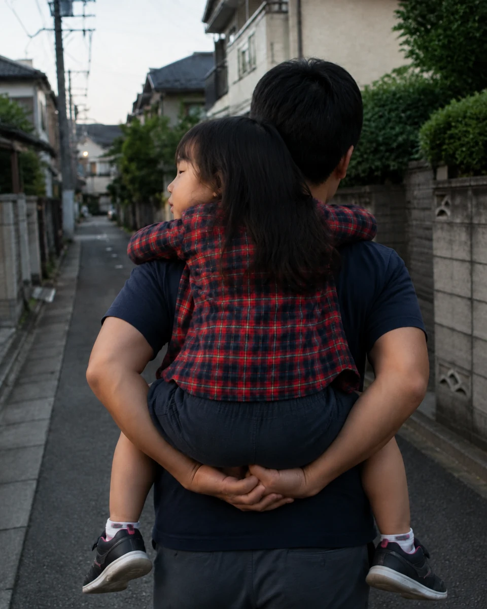 夕方の帰り道、娘をおんぶして前を向いて歩く父親の後ろ姿を母親が撮る