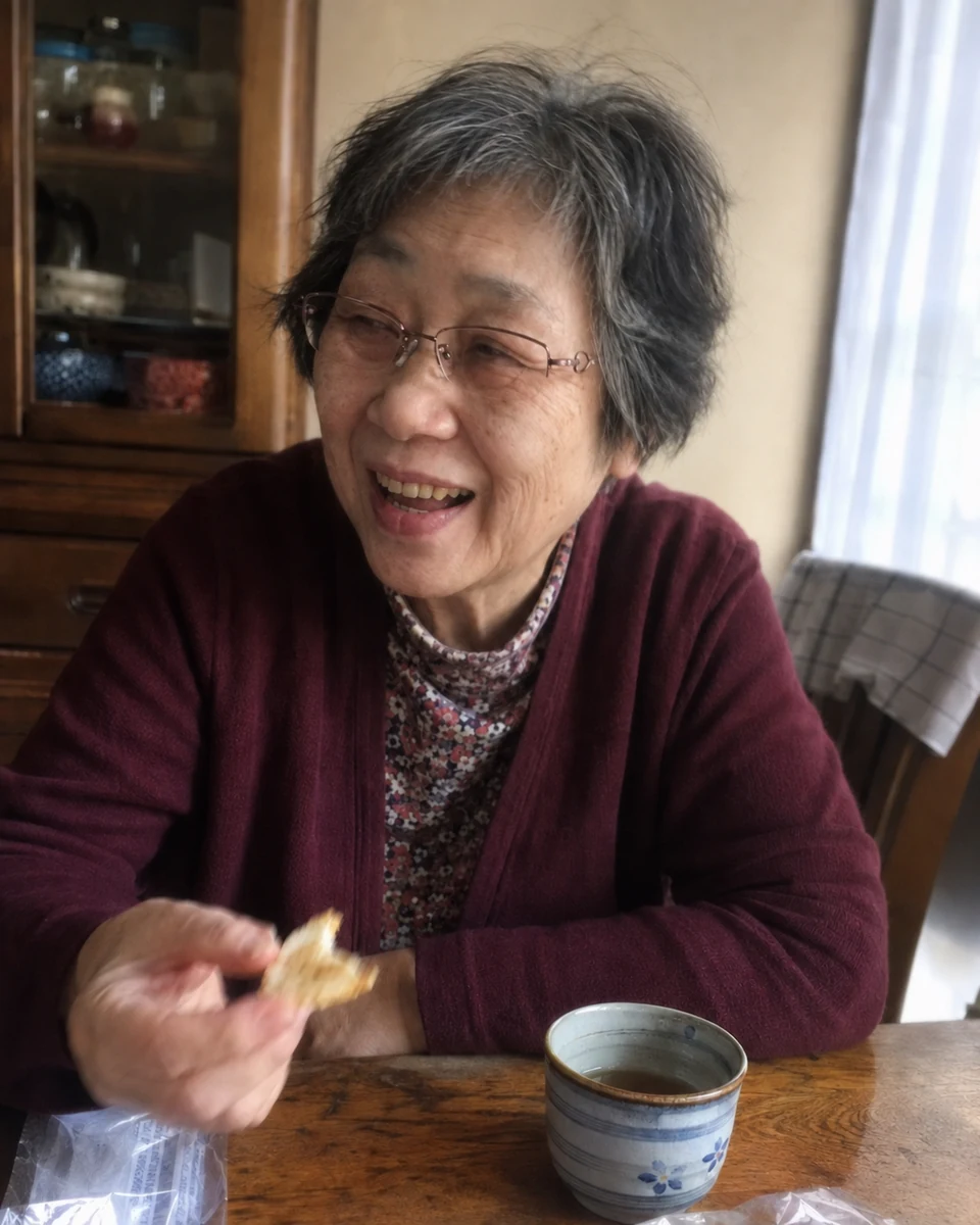 おやつを食べながら、撮影しているじぃじに笑いかけるばぁば