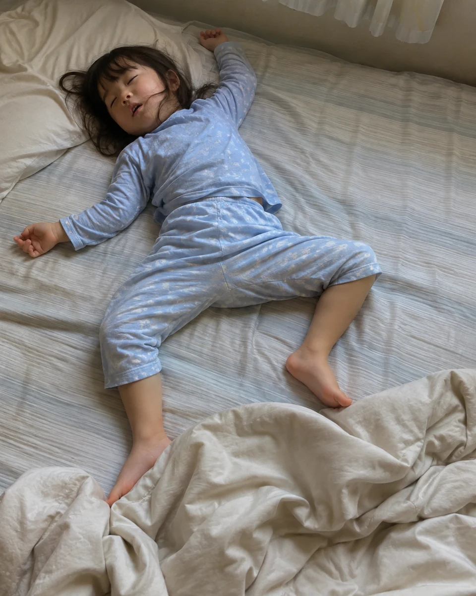 枕からずれ、布団を蹴って手足を投げ出したまま眠る子ども