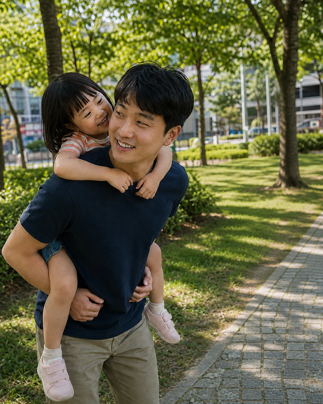공원에서 딸을 업고 웃는 아빠