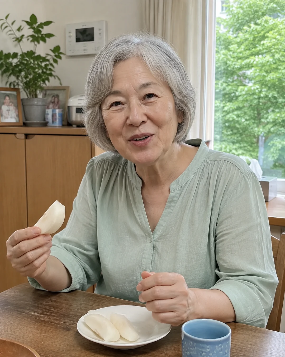 할아버지가 촬영하는 동안 배를 먹으며 미소 짓는 할머니