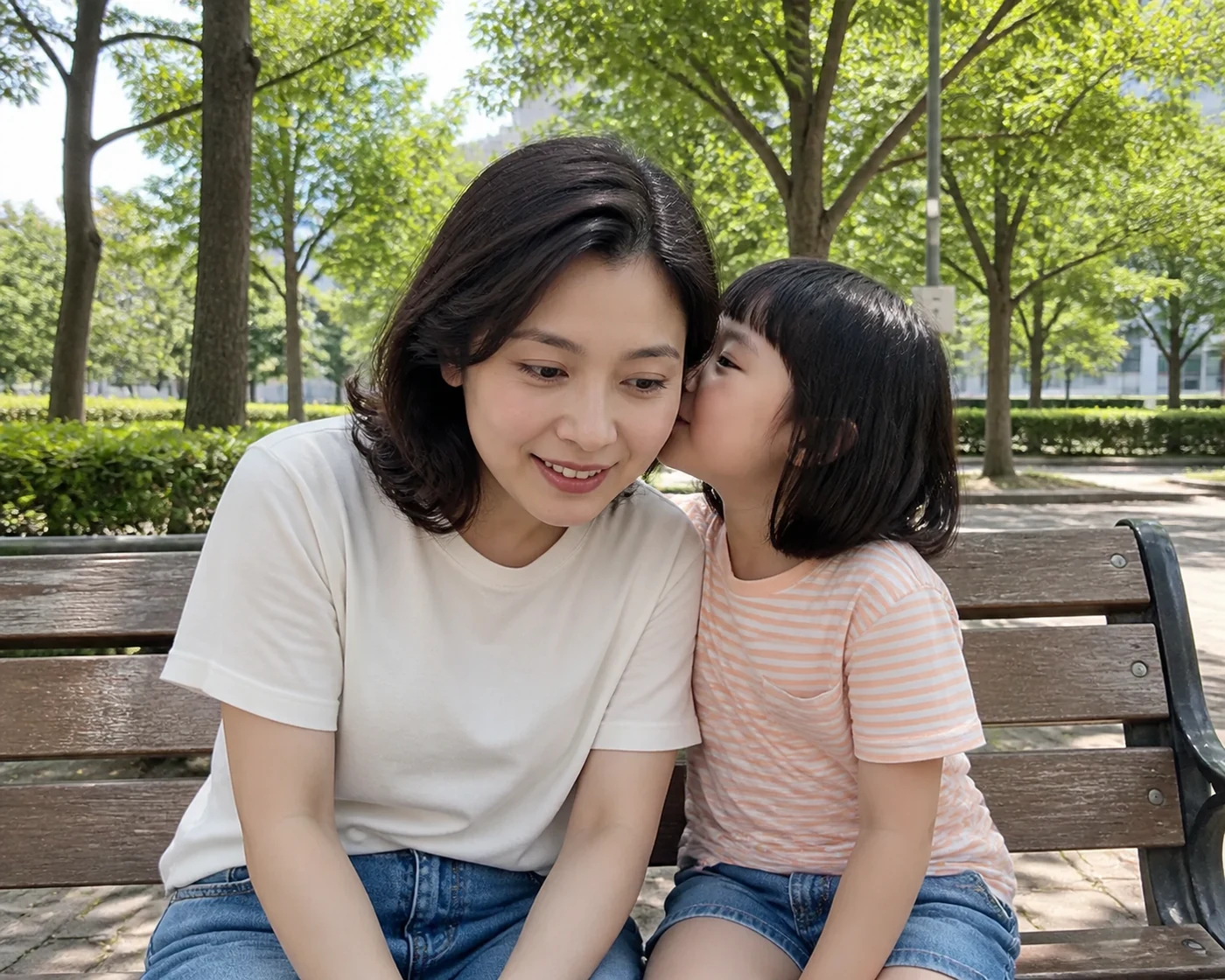 공원에서 엄마 귓가에 속삭이는 딸