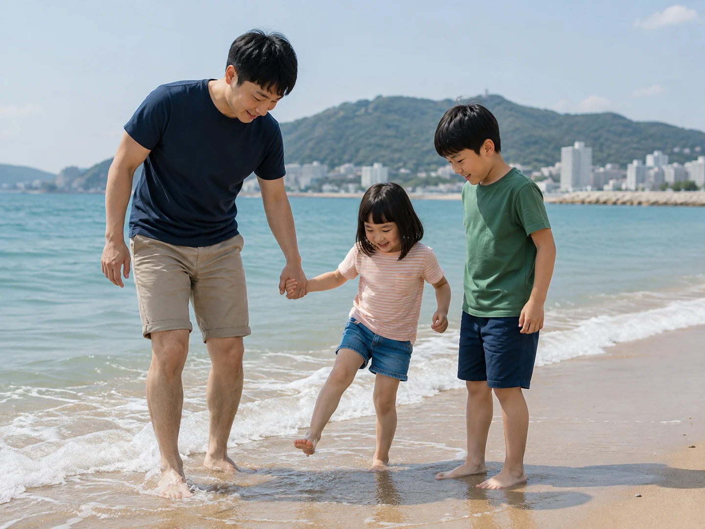 물가에서 아빠와 함께 작은 파도를 넘는 남매