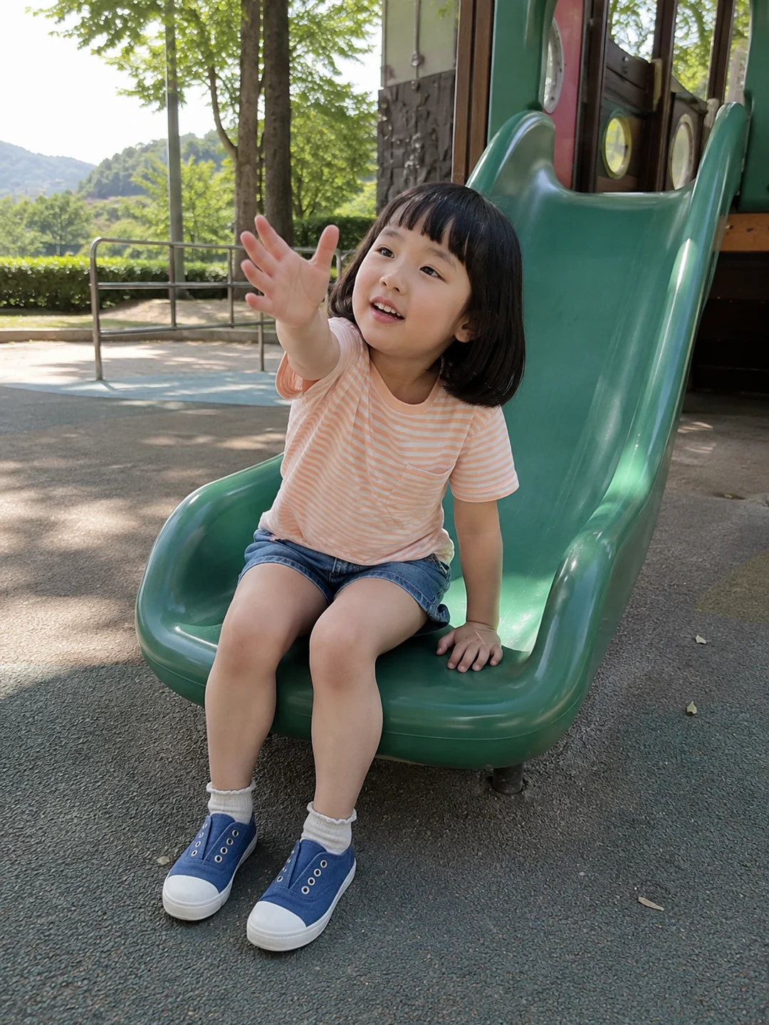 미끄럼틀 아래에서 엄마에게 손을 내미는 아이