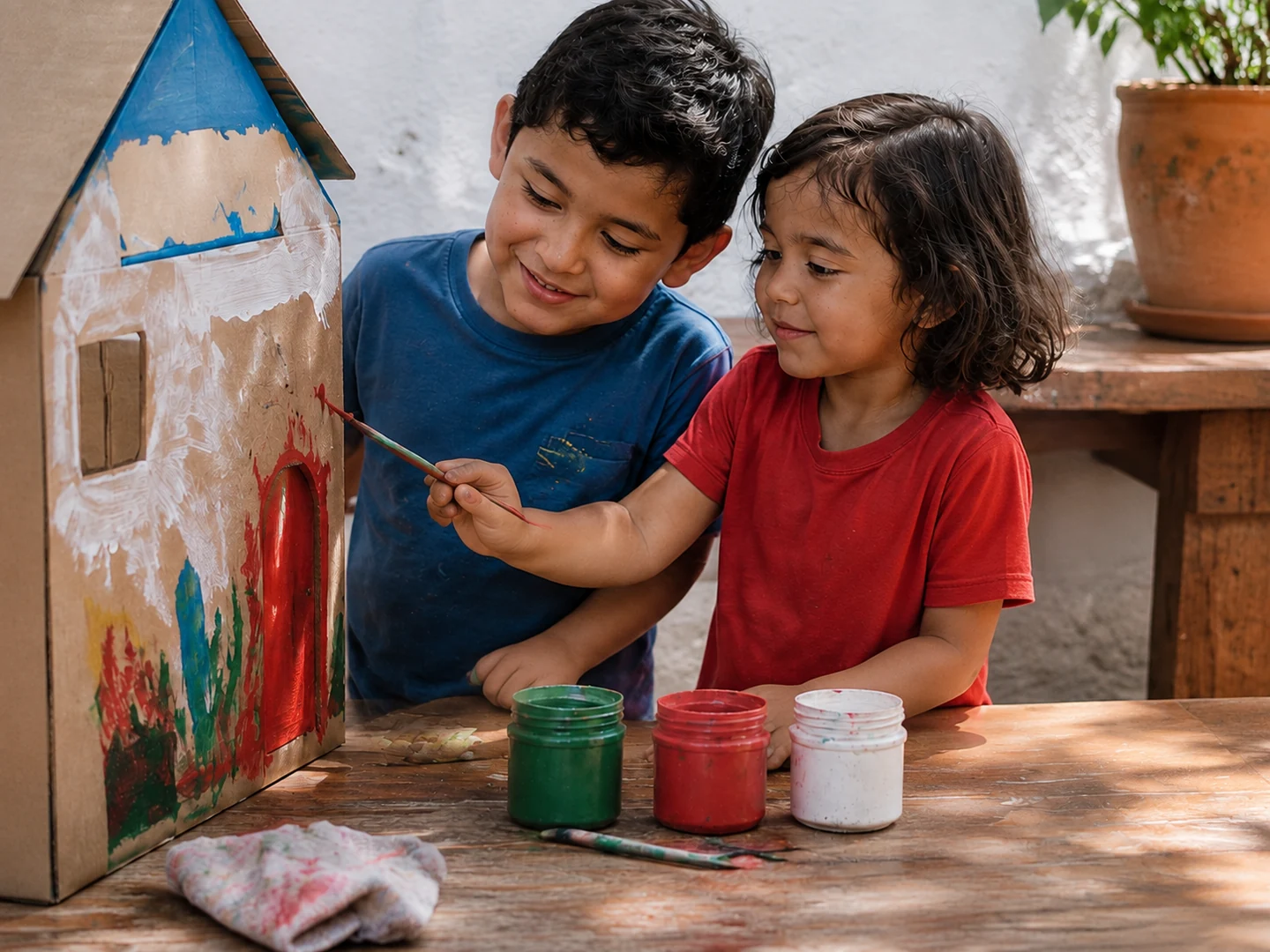 Dos hermanos pintan su casita de cartón en el patio