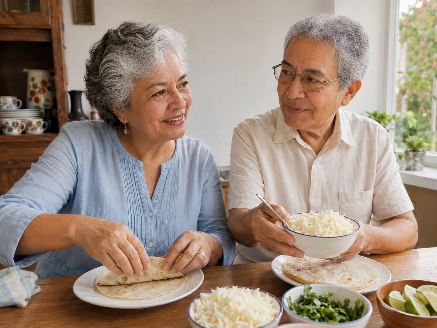 Los abuelos se hacen reír mientras preparan quesadillas juntos