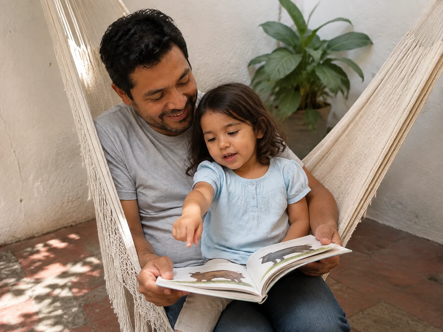 Papá escucha a su hija explicar un cuento en la hamaca del patio