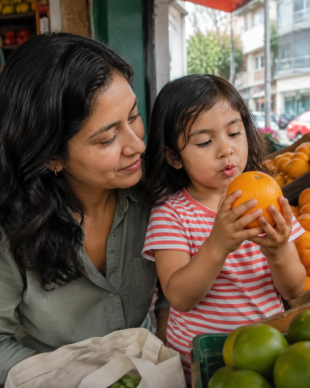 Una niña elige una naranja y le explica a su mamá por qué es la buena