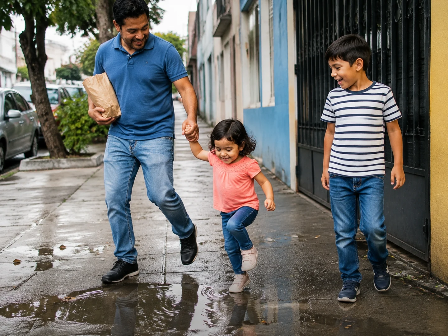 De vuelta de la panadería, una niña cruza un charquito de la mano de su papá