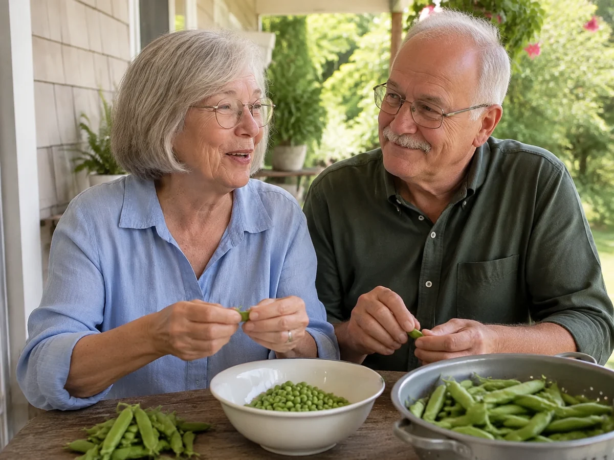 Grandparents share a story while shelling garden peas on the porch