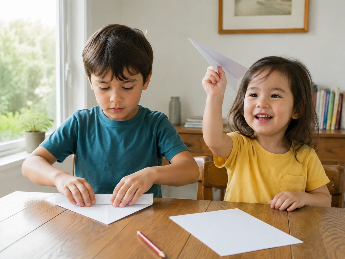 Siblings fold paper airplanes at the dining table