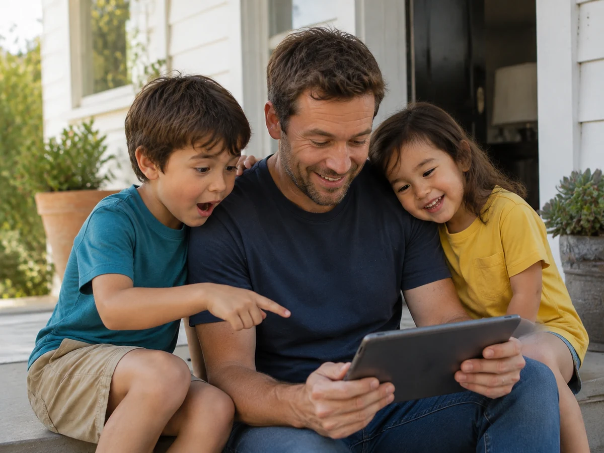 Dad and the children recognize a funny moment in their weekly video