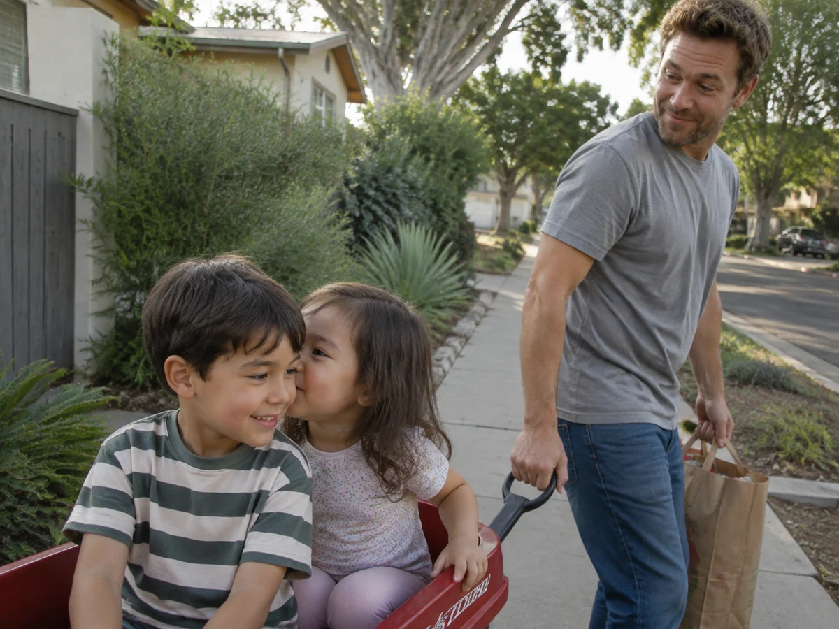 The children ride home in a red wagon while dad glances back at their conversation